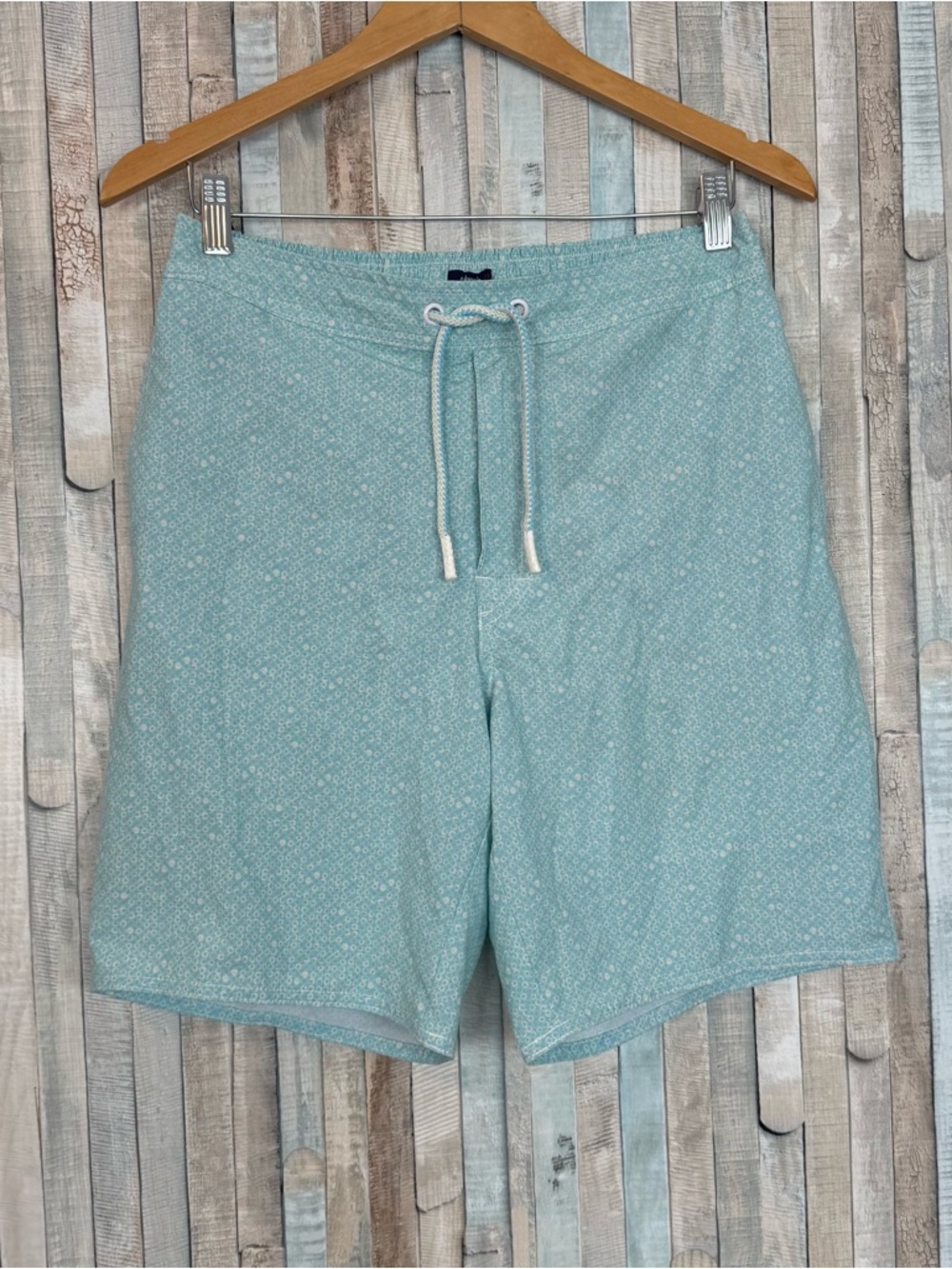 Johnnie O S Dunn Half Elastic Swim Trunks 8” Shorts Light Blue Dot Print Preppy